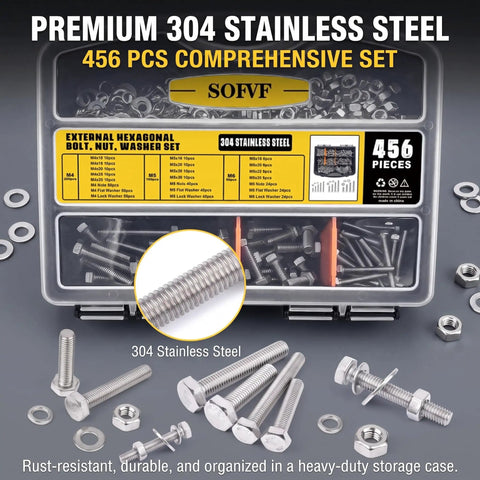 304 Stainless Steel Flanged Hex Bolts, Nuts, And Washers Set in storage case, 456-piece M4 M5 M6 metric hardware for projects