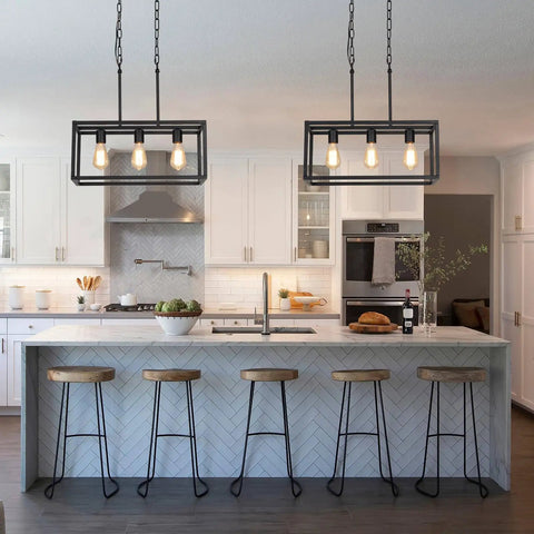 Three Light Black Linear Chandelier for Modern Dining Room and Kitchen Island Bar Rectangle Industrial Style Fixture over island