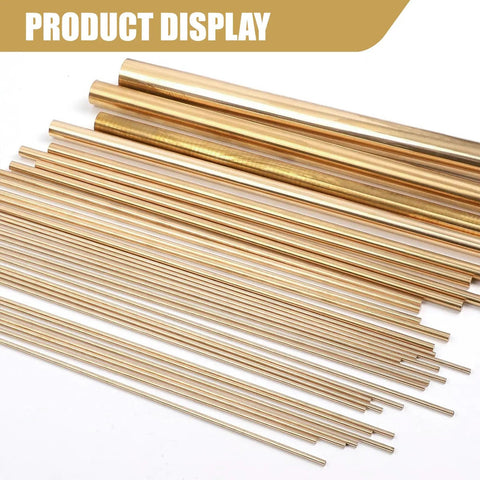 Five Eighth Inch Brass Rods, Twelve Inch Long Solid Brass Round Bar Stock For Knife Handles And DIY Hardware Craft Making, Handy Brass Pins And Rods For Knife Making And Craft Projects; brass rods displayed