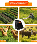 Grab-And-Go Portable Solar Fence Energizer With 10 Mile Range shown with garden, pet, poultry, and livestock applications.