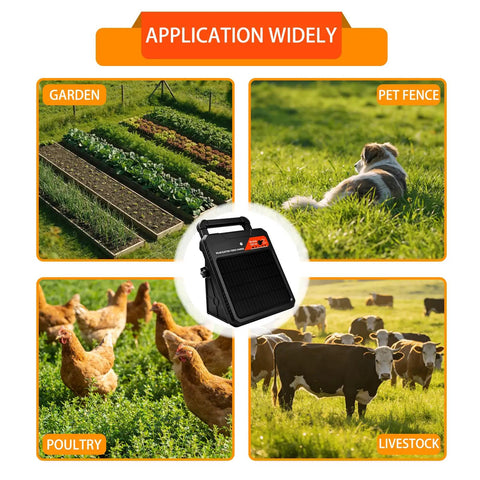 Grab-And-Go Portable Solar Fence Energizer With 10 Mile Range shown with garden, pet, poultry, and livestock applications.