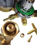 Two Piece Welding Gas Regulator Set For Oxygen CGA-540 And Acetylene CGA-510 With Dual Gauges shown in detailed parts view