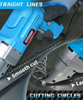 Electric Metal Shear For Sheet Metal, 14 Gauge, 5.0 Amp Motor shown cutting straight lines with smooth, large curves
