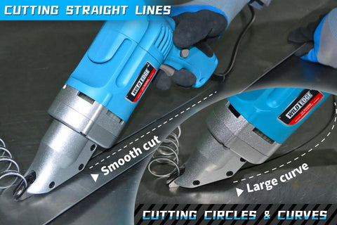 Electric Metal Shear For Sheet Metal, 14 Gauge, 5.0 Amp Motor shown cutting straight lines with smooth, large curves