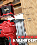 Heavy Duty Cordless Brad Nailer And Staple Gun Combo Made To Fit Milwaukee 18v Tools showing adjustable nailing depth settings on wood.