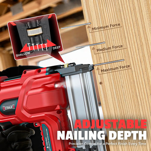 Heavy Duty Cordless Brad Nailer And Staple Gun Combo Made To Fit Milwaukee 18v Tools showing adjustable nailing depth settings on wood.