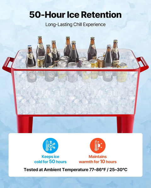 80 Quart Rolling Ice Chest With Divider And Bottle Opener Keeps 110 Cans Or 50 Bottles Cold On The Go Party Ready Portable Patio Beverage Cooler Cart With Four Swivel Casters Two Brakes Red filled with ice and various bottles