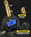 Digital Tire Pressure Gauge For Cars With 360 Degree Swivel Chuck Rugged Brass Body Wrapped In Protective Rubber Case Easy Valve Connection Accurate Readings Up To 200 PSI For Safe Tire Maintenance., digital tire gauge with brass body and rubber case, 360 swivel chuck