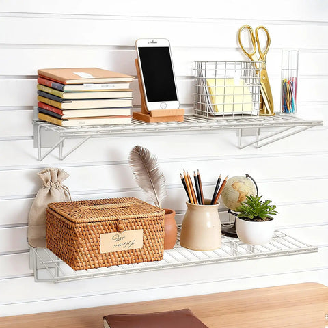 24 Inch Slatwall Shelves Warm White For Garage Organization, Heavy Duty Slat Wall Wire Shelf Set Of 2, installed on wall