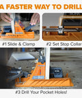 Pro Level Automatic Pocket Hole Jig Kit With Self Calibrating Drill Guide And Fifty Rustproof Screws demonstrating clamping and drilling process.