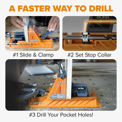 Pro Level Automatic Pocket Hole Jig Kit With Self Calibrating Drill Guide And Fifty Rustproof Screws demonstrating clamping and drilling process.