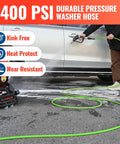 Upgraded 50 Ft Pressure Washer Hose Capable Of 3400 PSI, One Quarter Inch Wear And Kink Resistant With Heat Protect Sleeve