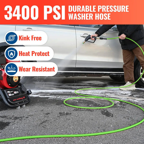 Upgraded 50 Ft Pressure Washer Hose Capable Of 3400 PSI, One Quarter Inch Wear And Kink Resistant With Heat Protect Sleeve