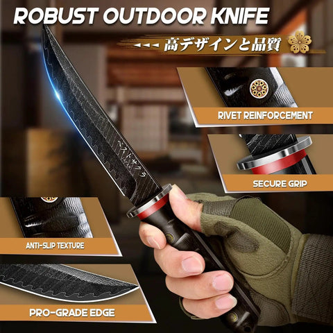 Fixed Blade Knife With Wooden Sheath Japanese Style For Outdoors Survival Razor Sharp Camping Gear Boss Fathers Day Gift For Dad Bushcraft Ready Everyday, close-up on handle with secure grip