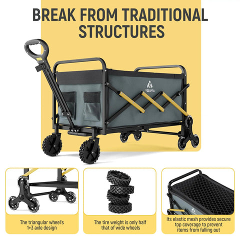 Folding Utility Cart With Triangular Wheels showing collapsible design and telescoping handle for travel and heavy loads