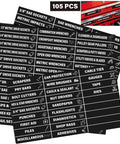105 Piece Magnetic Tool Box Label Kit For The Garage With Heavy Duty Drawer Magnets, 100 Pre Printed And 5 Blank Customizable Labels With Icon