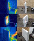 Ceramic fiber insulation block, white, 2 in thick, 15 x 24 in; collage shows front/side torch-heated fire test.