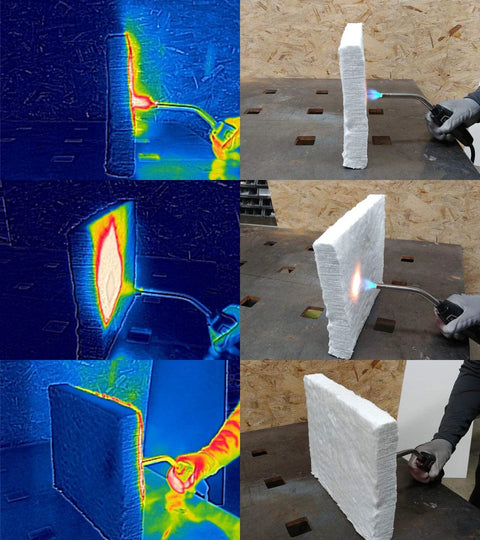 Ceramic fiber insulation block, white, 2 in thick, 15 x 24 in; collage shows front/side torch-heated fire test.