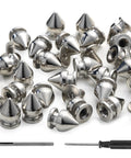 Gnarly Silver Metal Spikes and Studs for Leather and Clothing and Dope Screw Back Rivets for Punk Hats and Bags and Heavy Duty Denim Fashion Hardware Pack of One Hundred Pieces, silver screw back rivets and screwdriver.