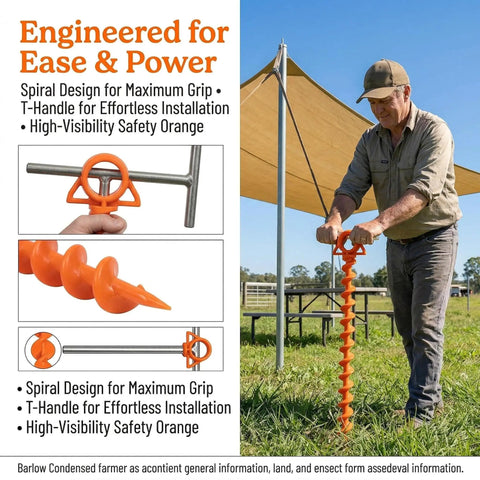 Man using Beefy Ground Anchors For Heavy Duty Screw In Tent Stakes Built For High Wind And Loose Sand Perfect For Canopies with T Grip Tool.