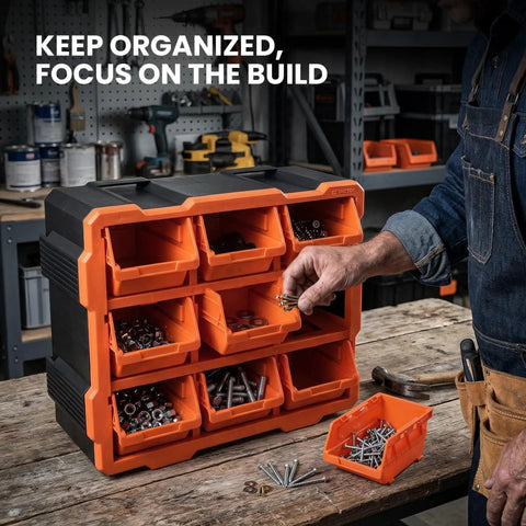 Person using Modular Garage Storage Tower With 9 Removable Bins, Wall Mount Organizer, Black And Orange Polypropylene Cabinet in workshop
