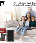Family with children sitting on couch next to Heavy Duty Mouse And Insect Traps 12 Pack With Non Toxic Sticky Glue Sheets For Indoors.