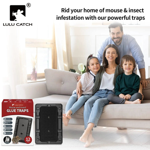 Family with children sitting on couch next to Heavy Duty Mouse And Insect Traps 12 Pack With Non Toxic Sticky Glue Sheets For Indoors.