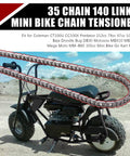 Easy Install No Fuss Mini Bike Chain Tensioner shown with 35 chain on dirt track with mini bike.