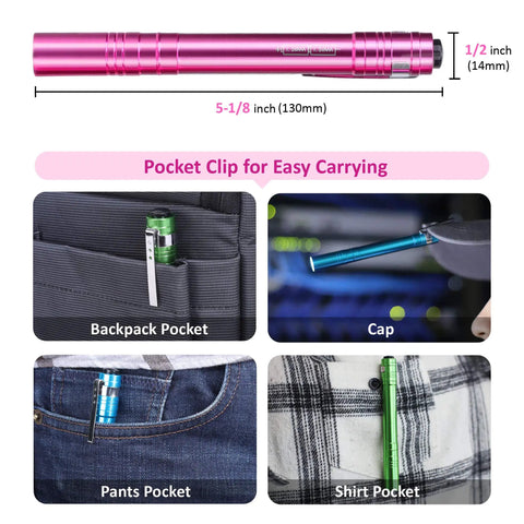 15-Pack LED Penlight Set With Clip, shown in various pockets for portability, durable aluminum body, great for quick inspections and repairs.