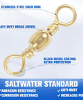 Heavy Duty Barrel Swivels With Solid Ring And Line Connector Copper And Stainless Steel Black Nickel Coat Rolling Ball Bearing 100 Piece Pack 35 To 105 Lb Test Ideal For Bass And Freshwater Fishing close-up brass swivel