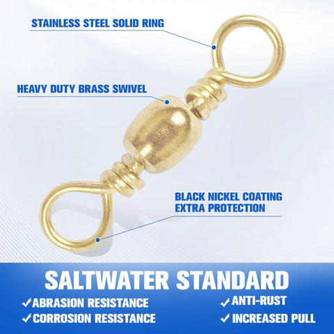 Heavy Duty Barrel Swivels With Solid Ring And Line Connector Copper And Stainless Steel Black Nickel Coat Rolling Ball Bearing 100 Piece Pack 35 To 105 Lb Test Ideal For Bass And Freshwater Fishing close-up brass swivel