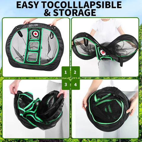 All In One Golf Chipping Net And Mat Set For Indoor Practice Pop Up Foldable Target in four folding stages for storage.