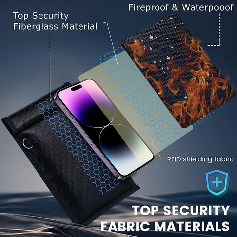 Image showing Two Pack Military Grade Faraday Bags for Cell Phones with fireproof, waterproof materials and signal blocking features.