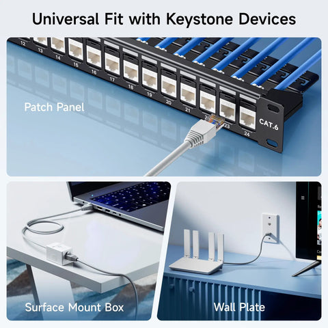 25 Pack Cat6 Keystone Jacks 10Gbps RJ45 Ethernet Modular Jacks White With Punch Down Stand For Patch Panels And Wall Plates