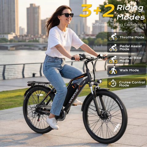 Woman riding Powerful 1000W Peak Electric Bike For Adults with 48V Battery and 22 MPH Top Speed along city street.