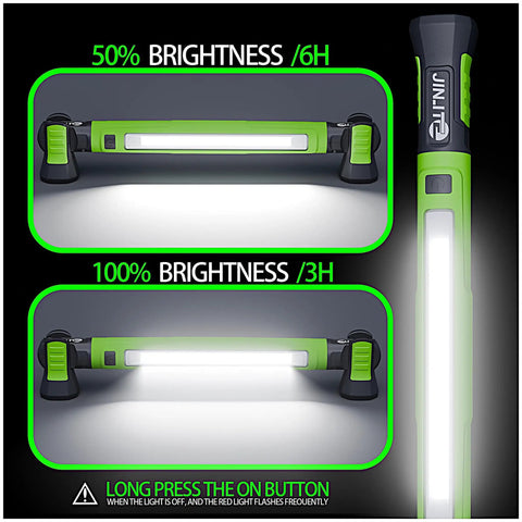 Magnetic 3000LM Rechargeable LED Work Light Bar With 5200mAh Battery, showing brightness levels and button instructions.