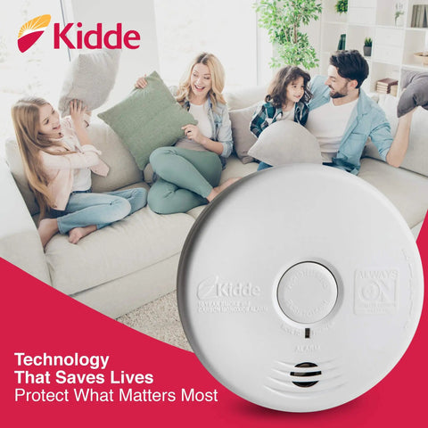 10 Year Photoelectric Smoke And Carbon Monoxide Alarm With Sealed Lithium Battery No Battery Change Over A Decade Kitchen Safe Combination Detector Model P3010K CO, family on sofa