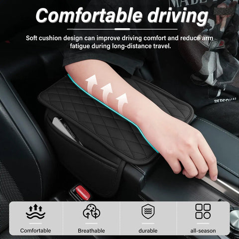 Center Console Armrest Cushion With Leather Look Upgraded Comfort Pad featuring two storage pockets in car interior