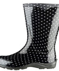 Women Mid Calf Waterproof Garden Rain Boots With Killer Traction And Legit All Day Comfy Support Insole For Yard Work Or Rainy Days Snazzy Black And White Polka Dot Style Made Stateside True To Size side view of glossy rain boot with polka dots