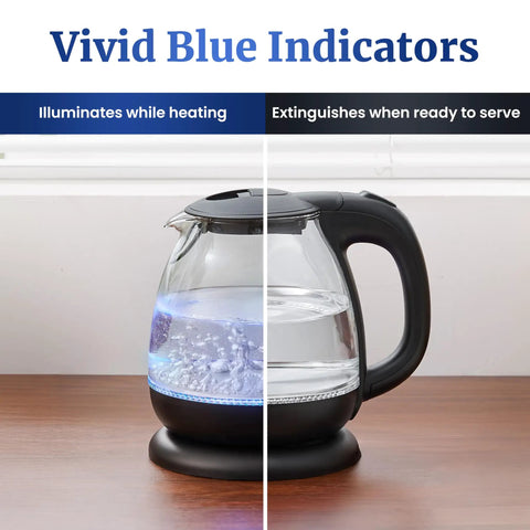 Fast Boil 1 Liter Glass Electric Kettle Cordless 360 Degree Base BPA Free 1100W With Auto Shutoff Blue LED Interior on counter