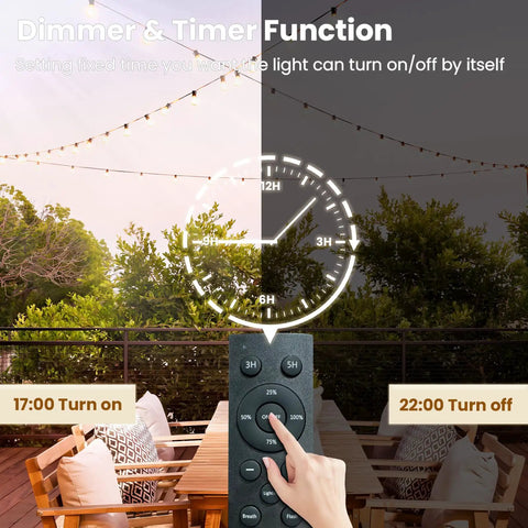 Remote Controlled Outdoor String Lights 150 Feet With 75 Shatterproof LEDs remote in outdoor setting with timer function