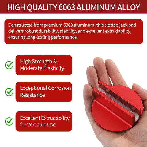 Red grooved pinch weld jack pad held in hand showing high quality 6063 aluminum, highlighted features of strength and corrosion resistance.