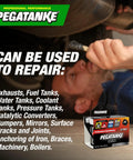 Box of PEGATANKE Steel Two Part Epoxy Resin For Cold Weld Repairs shown with list of repair applications and a person using the product.