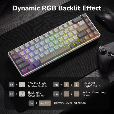 Pro Level Compact 65 Wireless Mechanical Keyboard Featuring Sick RGB Backlighting And Ultra Slim Build displayed with dynamic RGB effects.
