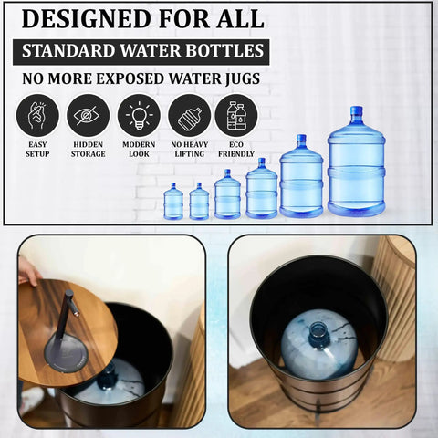 Diagram and inner view of Electric Wooden Water Dispenser For 5-Gallon Bottle With Concealed Storage Silent Rechargeable Motor