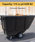 Heavy Duty Tilt Dump Truck Trash Cart With 450 LB Capacity And 1/2 Cubic Yard Steel Tub For Rough Job Sites And Warehouse Hauling, black tub filled with debris.