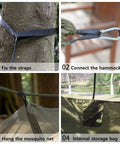 Go-To Portable Camping Hammock With Mosquito Net For Outdoor Adventures, lightweight and compact setup steps illustration