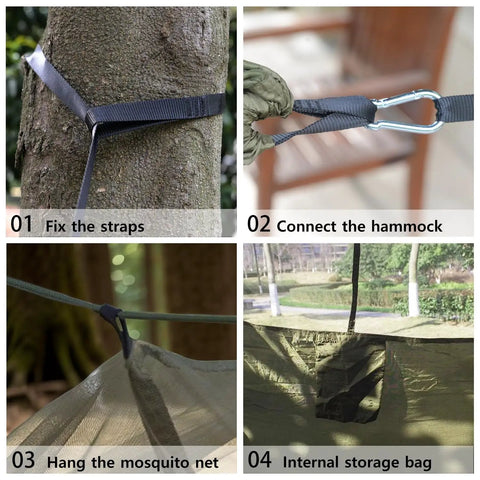 Go-To Portable Camping Hammock With Mosquito Net For Outdoor Adventures, lightweight and compact setup steps illustration
