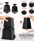Image showing Stackable Bed Risers Set For Adjustable 3 Inch And 5 Inch Heights Up To 1,300 Lbs Capacity Total 8 Inch Lift Under Bed Storage Dorm Room Essential Heavy Duty Black 4 Pack demonstrating stacked risers with features detailed like anti-slip cushion, trapezoid design, and durable ribs.