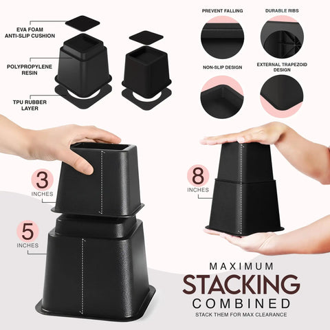 Image showing Stackable Bed Risers Set For Adjustable 3 Inch And 5 Inch Heights Up To 1,300 Lbs Capacity Total 8 Inch Lift Under Bed Storage Dorm Room Essential Heavy Duty Black 4 Pack demonstrating stacked risers with features detailed like anti-slip cushion, trapezoid design, and durable ribs.
